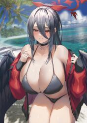 1girls 2022 bangs beach big_breasts bikini black_bikini black_hair black_wings blue_archive blush breasts choker cleavage female female_focus female_only hair_between_eyes halo hasumi_(blue_archive) highres huge_breasts jacket jewelry justice_task_force_(blue_archive) long_hair looking_at_viewer mole mole_under_eye necklace ocean plaster red_eyes red_jacket smile solo solo_female swimsuit teeth thighs trinity_general_school_student wings