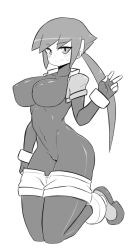 1girls aile big_breasts blush bodysuit erect_nipples female long_hair mega_man mega_man_zx_advent negsus open_clothes open_jacket peace_sign ponytail pussy solo sweatdrop undressing