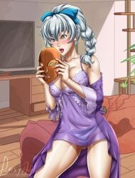 1girls big_breasts breasts covered_navel female female_only foxyart full_metal_panic looking_at_viewer navel nipples open_mouth pussy see-through see-through_swimsuit short_hair silver_eyes silver_hair small_breasts solo swimsuit teletha_testarossa