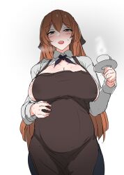 apron areola_slip blush breasts brown_hair cleavage cup dress female girls'_frontline green_eyes hair_between_eyes highres large_breasts long_hair necktie ponytail pregnant ribbon sarong saucer sideboob sidelocks sketch solo springfield_(girls'_frontline) white_dress yellowseeds