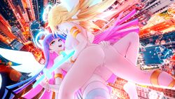 2girls absurd_res absurdres armlet ass bicio blonde_hair breasts gun jewelry long_hair multiple_girls open_mouth panty_&_stocking_with_garterbelt panty_anarchy pussy pussy_juice sisters stocking_anarchy sword two_tone_hair weapon wings yuri