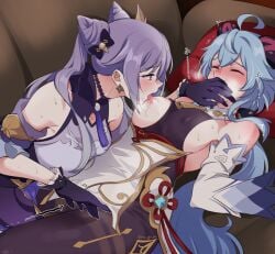 2girls bangs bare_shoulders blue_hair blush breasts cone_hair_bun couch covering_another's_mouth covering_mouth eyes_closed female female_only fingering fingering_through_clothes gagged ganqing ganyu_(genshin_impact) genshin_impact gloved_handgag gloves hair_bun hand_gagged hand_over_another's_mouth hand_over_mouth hand_under_clothes handgag horns imminent_sex keqing_(genshin_impact) licking licking_nipple long_hair medium_breasts motion_lines multiple_girls negom one_breast_out pantyhose purple_eyes purple_hair sweat through_clothes twintails yuri