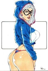 big_ass big_breasts black_cat_(marvel) blue_eyes blue_thong bulging_breasts curvaceous curvy_female curvy_figure ed_benes_studio felicia_hardy jacket long_hair looking_at_viewer marvel marvel_comics red_lipstick signature spider-man_(series) vagner_fernandes voluptuous voluptuous_female white_hair