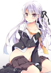 1girls blush covering covering_breasts covering_crotch danganronpa danganronpa:_trigger_happy_havoc danganronpa_1 embarrassed female female_only gloves kirigiri_kyouko neneko-n no_bra no_panties open_clothes skirt_down smooth_skin solo undressed