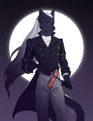 2022 5_fingers anthro ariannafray_pr blue_eyes clothed clothing digital_media_(artwork) eyebrows eyelashes felid feline fingers genitals hair hi_res knot male male_only mammal moon night outside penis sky solo standing white_hair