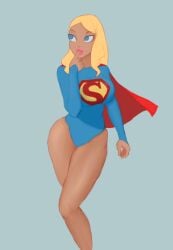 1girls artist_request big_breasts blonde_hair blue_eyes dc dc_comics female female_only justice_league_action kara_danvers kara_zor-el kryptonian leotard light-skinned_female supergirl thick_lips thick_thighs wide_hips