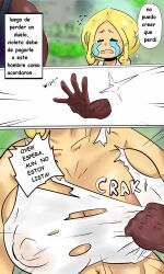 blonde_hair breasts comic crying dark-skinned_male dubious_consent full_color goblix18 huge_breasts implied_interracial implied_rape implied_sex pokemon pokemon_xy pushing pushing_down raceplay ripped_clothing ripping ripping_clothing ripping_shirt sexual_assault spanish_text speech_bubble tears torn_clothes torn_clothing viola_(pokemon)
