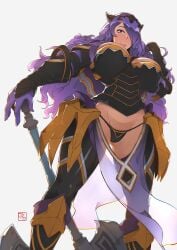 1girls armor armwear ass_visible_through_thighs bare_thighs big_breasts black_panties black_thong breasts camilla_(fire_emblem) female female_only fire_emblem fire_emblem_fates hair hair_ornament hair_over_one_eye huge_breasts inner_thighs law_kim legs legwear lips long_hair looking_at_viewer looking_down mature mature_female mature_woman milf nintendo panties pelvic_curtain purple_eyes purple_hair smile solo thick_lips thighs thong underwear weapon