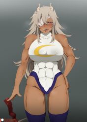 1girls athletic_female big_breasts booboing breasts condom_packet_strip cosplay dark-skinned_female dark_skin female female_only ghislaine_dedoldia horny_female licking_lips looking_at_viewer miruko_(cosplay) muscular muscular_female mushoku_tensei mushoku_tensei:_isekai_ittara_honki_dasu my_hero_academia solo