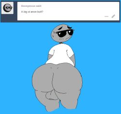 1boy anon ass backsack balls big_ass big_butt bottomless fat_ass fat_butt femboy glasses grey_skin huge_ass huge_butt looking_at_viewer looking_back looking_back_at_viewer male male_only roccorox solo thick_ass thick_butt thick_thighs tumblr tumblr_anonymous wide_hips