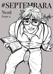 black_and_white book flaccid flaccid_penis glasses male male_only nerd penis_out precum precum_drip septembara sitting sketch uncolored unzipped_pants veiny_penis xlyph