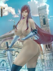 1girls breasts erza_scarlet fairy_tail female female_only hartman_hips large_breasts light-skinned_female mature purple_hair pussy rainwzq slim_waist solo standing torn_stockings violet_eyes