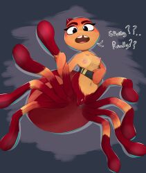 2022 anthro arachnid arthropod breasts clothed clothing clothing_pull dialogue dreamworks english_text erect_nipples female full-length_portrait genitals hi_res holding_leg honeymono looking_at_viewer ms._tarantula_(the_bad_guys) mygalomorph nipples open_mouth partially_clothed portrait pussy solo spider talking_to_viewer tarantula text the_bad_guys tooth_gap