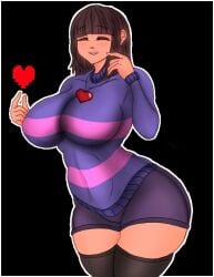 1girls 2d alternate_version_available big_ass big_breasts big_butt brown_hair closed_eyes clothed clothed_female crazypearl female female_only frisk hourglass_figure human human_female human_only long_hair open_mouth smile smiling solo thick_thighs undertale undertale_(series)