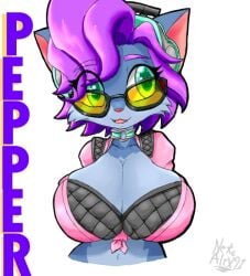 big_breasts blue_body blue_skin breasts breasts_out furry furry_breasts furry_only happy paladins pepper_(paladins) simple_background white_background