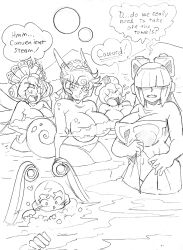 5girls android big_breasts cinnamon_gaudille female hair_over_eyes hot_spring iris_(mega_man) layer marino mega_man mega_man_x mega_man_x_dive multiple_girls pallette pumpkinsareholy robot_girl towel watermark