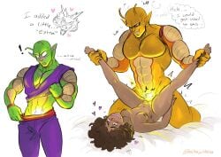 ! 1girls 2022 2boys afro ankle_grab areolae bed black_eyes blush breasts clothes clothing dark-skinned_female dark_skin dragon_ball dragon_ball_super dragon_ball_super_super_hero dragon_ball_z english_text female grabbing_ankles green_skin hand_on_thigh heart interspecies janet_(dragon_ball) looking_down looking_pleasured loulouscribbles male missionary motion_lines muscular_male namekian nipples open_mouth orange_piccolo orange_skin piccolo pointy_ears pulling_pants pussy red_eyes shenron shirt_lift shounen_jump smile steam steamy straight surprised thought_bubble vaginal_penetration watermark white_background