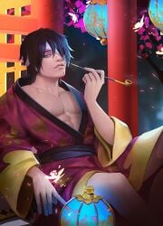 acewest bandages bishonen black_hair dark_hair detailed_background eye_patch gintama hair_over_one_eye kimono kiseru lantern looking_at_viewer male male_only muscular muscular_male open_kimono painting_(artwork) pecs pipe purple_hair realistic reclining seductive seductive_look seductive_smile smile smoking smoking_pipe solo takasugi_shinsuke