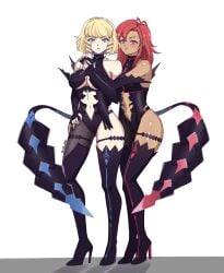 2girls alternate_costume asymmetrical_clothes asymmetrical_legwear bare_thighs blonde_hair blue_eyes boots cleavage constance_von_nuvelle cosplay dark-skinned_female dark_skin female female_only fire_emblem fire_emblem:_three_houses hapi_(fire_emblem) high_heels hug kronya_(fire_emblem)_(cosplay) large_breasts looking_at_viewer maii_artss medium_hair multicolored_hair multiple_girls nintendo red_eyes red_hair revealing_clothes short_hair thigh_boots thighs