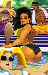 2boys 2girls abs ass asymmetrical_hair biceps big_ass big_breasts black_hair blonde_hair brazilian brazilian_female capcom dark-skinned_female dark_skin female fit fit_female latina laura_matsuda long_hair male muscular muscular_female muscular_shoulders muscular_thighs pool poolside rainbow_mika redbone sean_matsuda street_fighter street_fighter_v swimsuit thick_thighs tovio_rogers vega_(street_fighter)