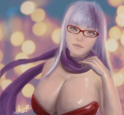 big_breasts cleavage female female_only gintama glasses huge_breasts lavender_hair leotard long_hair looking_at_viewer melleon painting_(artwork) purple_eyes purple_hair red_leotard sarutobi_ayame scarf solo upper_body