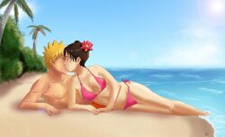 1boy 1boy1girl 1girls amenoosa bikini blush breasts cleavage couple double_bun duo duo_focus flower flower_in_hair hair_bun hair_ornament kissing legs_together lying_on_person lying_on_side male/female naruto naruto_(series) naruto_shippuden ocean on_side outdoors pink_swimsuit romantic romantic_couple sea seaside shore swimsuit swimwear tenten twin_buns uzumaki_naruto water yellow_hair