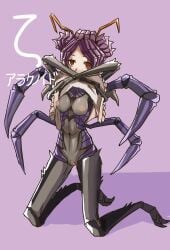 1girls breasts entoma_vasilissa_zeta female female_focus female_only japanese_text leo860305 looking_at_viewer mask monster monster_girl naked no_bra no_panties overlord_(maruyama) purple_background pussy red_eyes tagme undressing