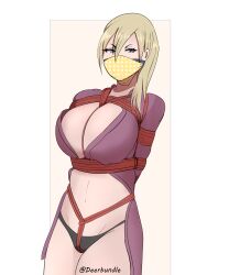 1girls arms_behind_back big_breasts black_panties blonde_hair blue_eyes bondage bound breasts cleavage cowboy_shot deerbundle female female_only gag gagged gintama hair_between_eyes huge_breasts ikumatsu_nishiki kimono looking_at_viewer masked mouth_mask navel open_clothes open_kimono over_the_nose_gag panties rope rope_bondage rope_harness solo