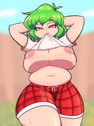 1girls arms_behind_head arms_up bbw breasts breasts_out female green_hair huge_breasts looking_at_viewer nipples orange_eyes outdoors plump quarium shirt_in_mouth shirt_lift short_hair short_sleeves shorts solo solo_female sweat touhou white_shirt yuka_kazami