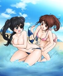 2girls accidental_exposure alternate_costume areolae beach big_breasts bikini bikini_top_removed black_eyes black_hair blue_bikini blush breast_hold brown_eyes brown_hair catfight cleavage covering_breasts covering_self embarrassed eye_patch famboykq female female_only gintama long_hair looking_at_another looking_back medium_breasts open_mouth pink_bikini ponytail shimura_tae swimsuit thick_thighs twintails yagyuu_kyuubei yuri