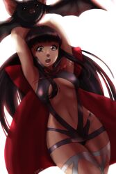 1girls alternate_costume armpits arms_behind_head arms_up bat black_hair breasts cape cleavage legs long_hair mamahaha medium_breasts nakoruru navel pose posing ribbon samurai_shodown snk snk_heroines:_tag_team_frenzy stockings thighs vampire_costume white_background