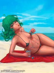 1girls alternate_version_available beach bikini bikini_bottom bikini_top breasts cutesexyrobutts_(style) female female_only green_eyes green_hair hair holding_drink lips nail_polish nails noaqin on_side one-punch_man short_hair small_breasts solo solo_female swimsuit swimwear tan_body tanned tanned_skin tatsumaki thick_lips thick_thighs thighs