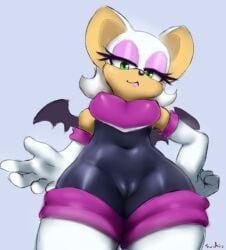 anthro armwear bodysuit breasts camel_toe chiropteran clothing elbow_gloves eyeliner female genital_outline genitals gloves handwear hi_res looking_at_viewer makeup mammal pussy rouge_the_bat sega skinsuit solo sonic_(series) sonic_the_hedgehog_(series) sunhuiz tight_clothing wings