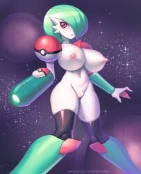 2022 alternate_version_at_source areola big_breasts breasts cosplay_gardevoir female gardevoir generation_3_pokemon genitals green_hair hair huge_breasts humanoid looking_at_viewer metroid navel nintendo nipples pink_areola pink_nipples pokemon pokemon_(species) pussy solo supersatanson video_games