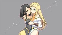 2girls black_hair blonde_hair clothed_female earrings elf elven_conquest faye_(elven_conquest) game_cg green_eyes hugging long_hair pinktea seraphine_(elven_conquest) short_hair simple_background yellow_eyes yuri