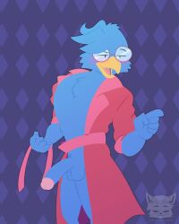 2d_(artwork) absurd_res avian balls bathrobe bird blue_bird blush chess_buncoon clothing eyewear genitals glasses half-erect hi_res male penis robe solo