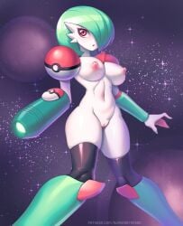 2022 alternate_version_at_source areola big_breasts breasts cosplay_gardevoir female gardevoir generation_3_pokemon genitals green_hair hair humanoid looking_at_viewer metroid navel nintendo nipples pink_areola pink_nipples pokemon pokemon_(species) pussy solo supersatanson video_games