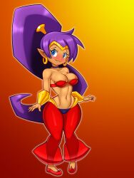 1girls :3 blue_eyes blush bottomwear bra bracelet breasts choker cleavage clothing earrings eyelashes female female_focus female_only footwear gold_jewelry gradient_background headgear headwear hi_res highres jewelry long_ears long_hair looking_away looking_up medium_breasts navel png pointy_ears ponytail see-through shantae shantae_(character) simple_background sleepiitreat smile smiling solo solo_female solo_focus tan_body tan_skin thick_thighs thin_waist tight_clothing topwear video_games wayforward wide_hips