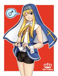 1boy bike_shorts blonde_hair blue_eyes bridget bridget_grin bulge compression_shorts guilty_gear habit hime_takamura light_skin long_hair male male_only nun nun's_habit nun_outfit one_eye_closed penis_bulge shorts smile solo solo_male spandex_shorts standing