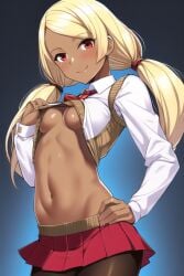 1girls ai_generated alternate_costume blonde_hair dark_skin female gravity_rush kat_(gravity_rush) pantyhose pleated_skirt red_eyes school_uniform shirt_lift small_breasts stable_diffusion twintails