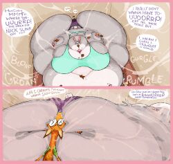 1boy 1girls anthro ass ass_cleavage belly big_ass big_breasts bra breast butt_crack colossal_ass comic disney donut english_text fat female female_focus fox furry gigantic_ass gigantic_breasts grey_fur hips huge_ass huge_belly huge_breasts hyper hyper_ass hyper_belly hyper_breasts judy_hopps lagomorph lagomorph_humanoid large_ass large_breasts larger_female male mostly_nude musk nick_wilde obese overweight overweight_female panties puntthepoodle rabbit red_fur smaller_male steam stomach text thick_thighs thighs underwear wide_hips x_eyes zootopia