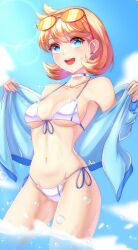 anisdrawn bangs bikini blue_eyes breasts creatures_(company) eyelashes female game_freak gen_2_pokemon highres holding jacket kasumi_(pokemon) nintendo open_clothes open_jacket open_mouth pokemon pokemon_(game) pokemon_gsc pokemon_hgss shiny shiny_hair short_hair smile solo swimsuit wet wet_body