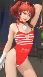 dead_or_alive dead_or_alive_xtreme_venus_vacation female green_eyes hentai_k_jaws horns kanna_(dead_or_alive) light-skinned_female pale-skinned_female red_hair red_outfit redhead small_breasts solo solo_female swimsuit tenga