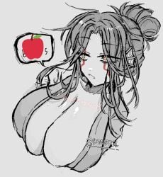 adret_(deepwoken) apple big_breasts breasts censored_text deepwoken face_markings karliah_(deepwoken) konazel long_hair ponytail roblox roblox_game source_request speech_bubble tagme yellow_eyes