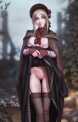 1girls 2d areolae ass_visible_through_thighs black_legwear black_stockings bloodborne breasts breasts_out clothed doll doll_joints dress dress_lift emotionless exposed_breasts fanart female female_only fromsoftware front_view garter_belt hairless_pussy hat joints legs legwear light-skinned_female light_skin looking_away medium_breasts medium_hair nipples no_bra outdoor_nudity outdoors outside personalami plain_doll pussy shaved_pussy small_breasts solo standing stockings thighhighs thighs uncensored vagina white_hair