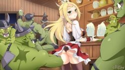 1girls ass bar_maid beer beer_mug blonde_hair breasts brown_thighhighs dress elf elf_female elven_conquest faye_(elven_conquest) female game_cg green_eyes holding_tray long_hair male male_orc/female_elf medium_breasts orc orc_male panties pinktea short_dress slave slave_training thighhighs tray waitress