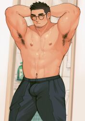 1boy 2022 armpit_hair armpits bara black_hair brown_eyes bulge bulge_through_clothing facial_hair glasses happy_trail male male_focus male_only muscular muscular_male nipples pants shanshankuo shirtless short_hair solo sweat tsi-ho_(shanshankuo)