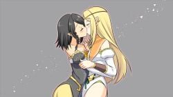 2girls black_hair blonde_hair closed_eyes clothed_female earrings elf elven_conquest faye_(elven_conquest) game_cg green_eyes kissing long_hair multiple_girls pinktea seraphine_(elven_conquest) short_hair yellow_eyes yuri