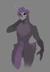 2022 anthro antlers balls big_balls big_penis biped black_body black_fur black_sclera bone canid canine claws digital_media_(artwork) finger_claws fur furdo genitals grey_background hair half-erect hi_res horn huge_cock idrysse3 male mammal penis purple_eyes purple_hair purple_penis simple_background skull skull_head solo spiked_penis spikes spikes_(anatomy)