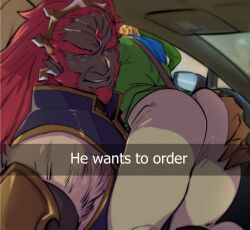 2boys beard car dark-skinned_male dat_ass ganondorf ganondorf_(hyrule_warriors) gerudo hand_on_ass he_wants_to_order hyrule_warriors kukumomo link link_(hyrule_warriors) male male_focus male_only meme pointy_ears red_hair smirk solo_male the_legend_of_zelda yellow_eyes